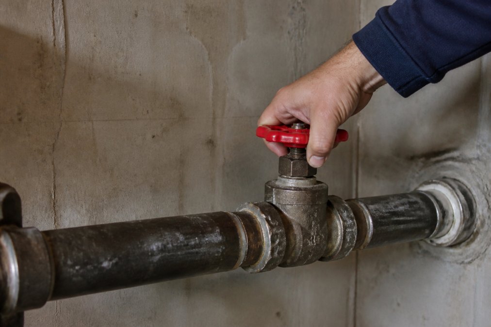A homeowner's hand gripping a red gate-style main shut-off valve handle mounted on a pipe in a dimly lit utility room, turning it clockwise to close the water supply