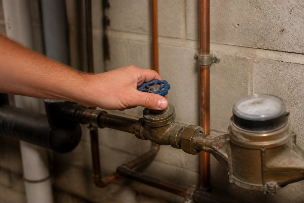 Homeowner's hand gripping the main water shut-off valve handle in a basement utility area, with copper pipes and water meter visible in the background under fluorescent lighting
