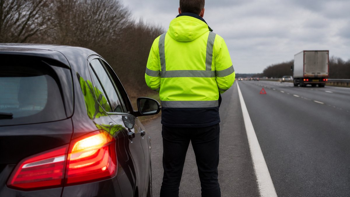 Signs of Car Trouble Before a Motorway Breakdown Driver standing safely behind their stationary vehicle on the hard shoulder, wearing a high-visibility jacket, with hazard lights flashing and a warning triangle visible in the distance