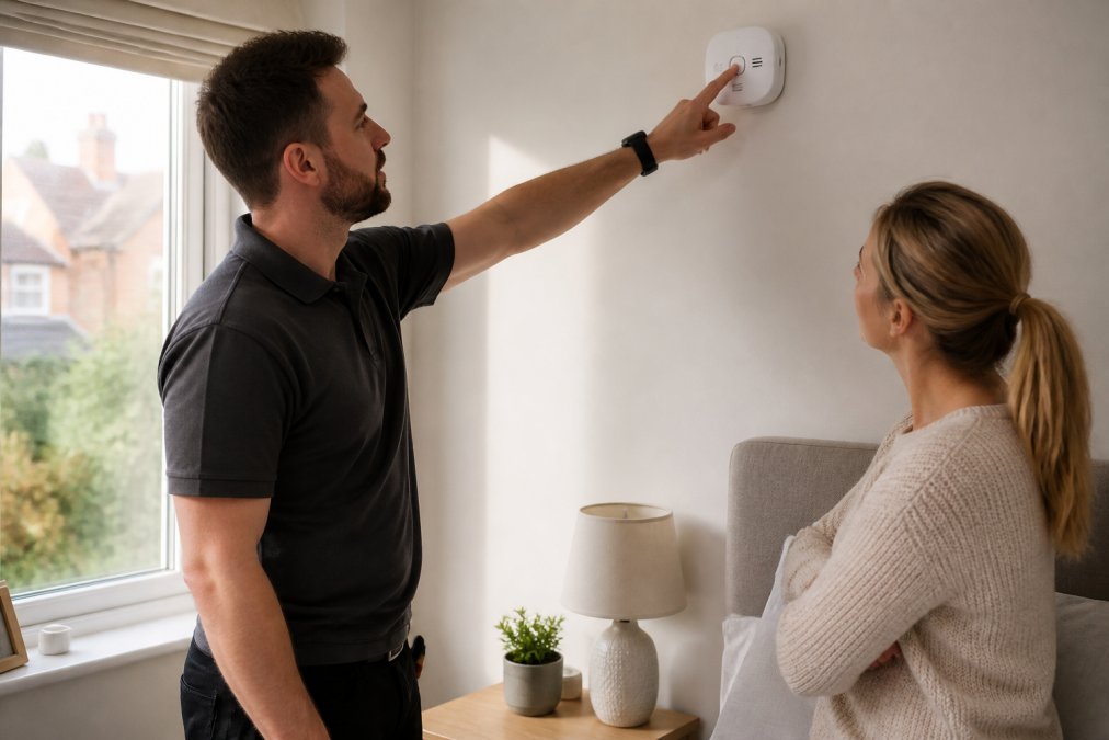 Professional demonstrating carbon monoxide detector testing by pressing the test button on a device mounted on a bedroom wall, with natural morning light from a window