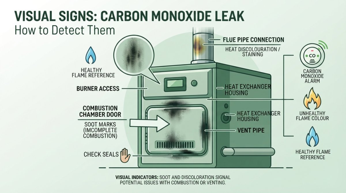 Close-up of furnace showing dark soot marks and discolouration around combustion chamber and flue pipe connection