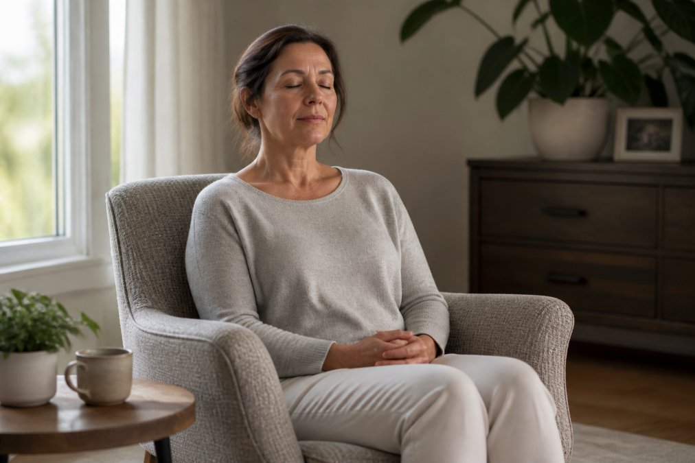 Caregiver sitting peacefully in a comfortable chair with natural window light, hands resting on lap, shoulders relaxed, appearing calm and centered in a serene home setting