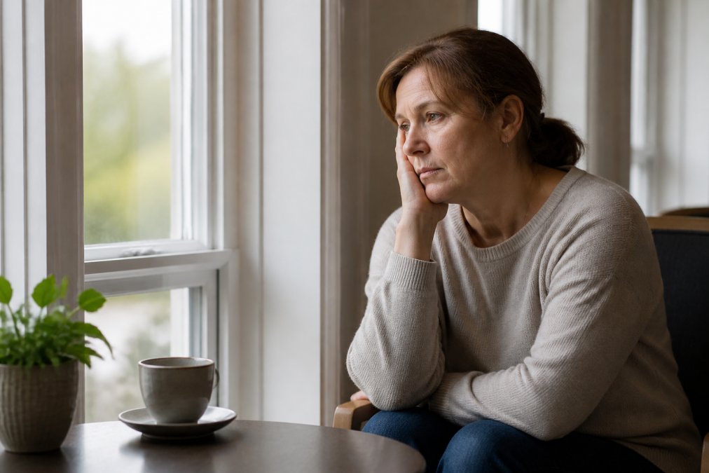 Adult caregiver sitting alone by a window in soft natural light, looking tired and contemplative with a cup of tea on a nearby table, shoulders slightly hunched