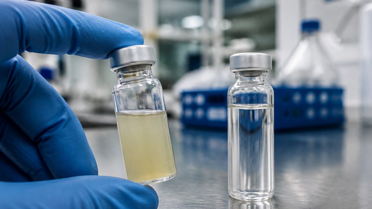 Close-up of a gloved hand holding a small glass vial containing a cloudy, discolored solution next to a clear control vial on a laboratory bench