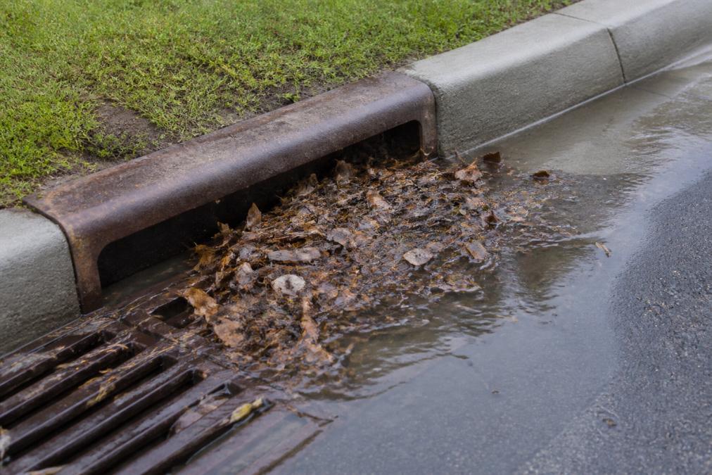 A close-up photograph of a curb inlet catch basin with visible debris, leaves, and standing water on a residential street, storm drain grate partially blocked