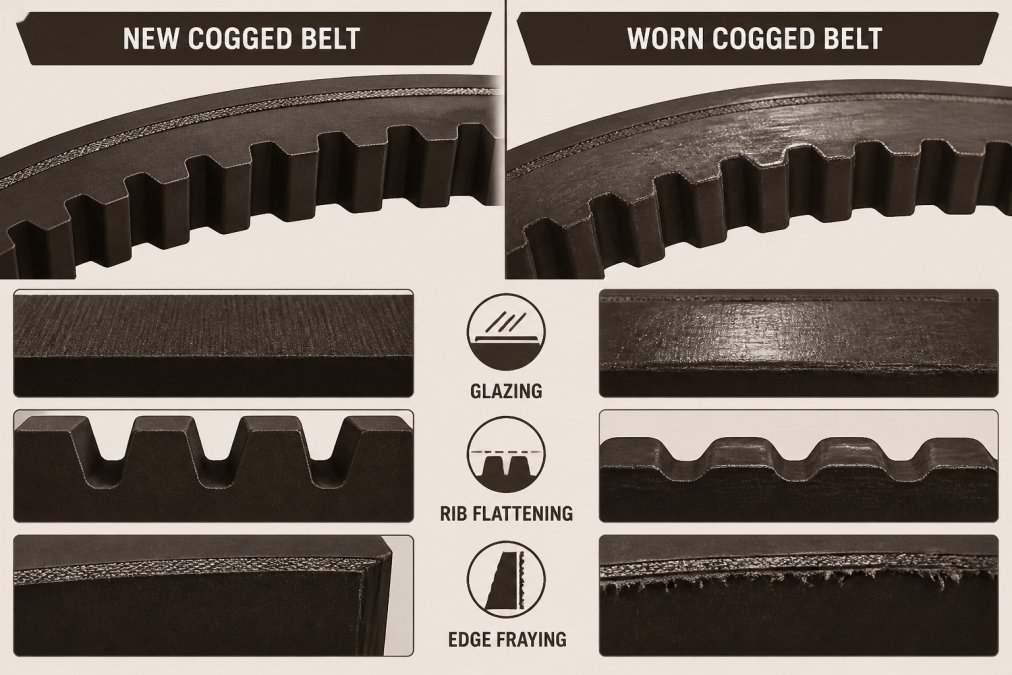Infographic comparing new and damaged belts to identify signs of cogged belt wear like glazing and rib fraying.