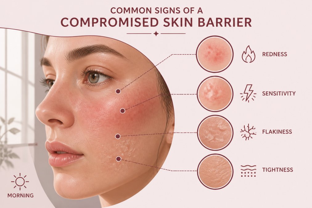 Close-up of a person's face showing visible signs of skin irritation with redness, flakiness, and sensitivity texture, captured under natural morning light near a window