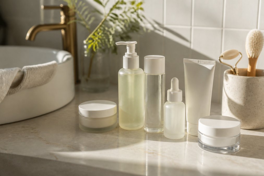 A serene bathroom counter with skincare products arranged neatly in minimalist setup, showing gentle cleansers, hydrating essences, and barrier-repair moisturizers in soft morning light
