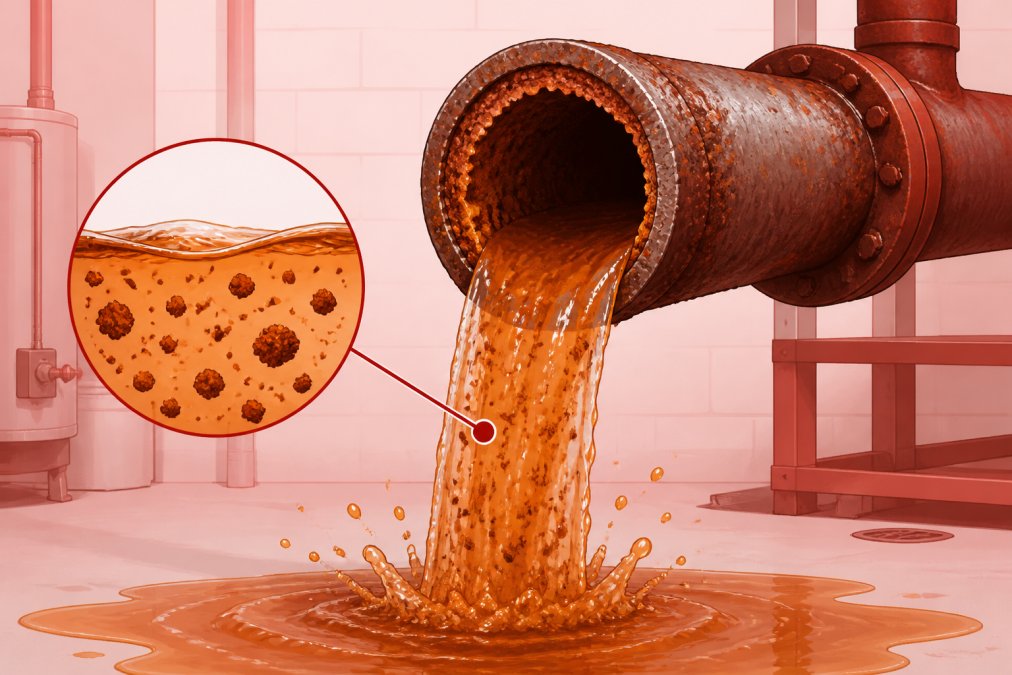 Close-up of rusty water flowing from a corroded pipe, showing orange-brown discoloration and rust particles suspended in the water stream in a basement utility area