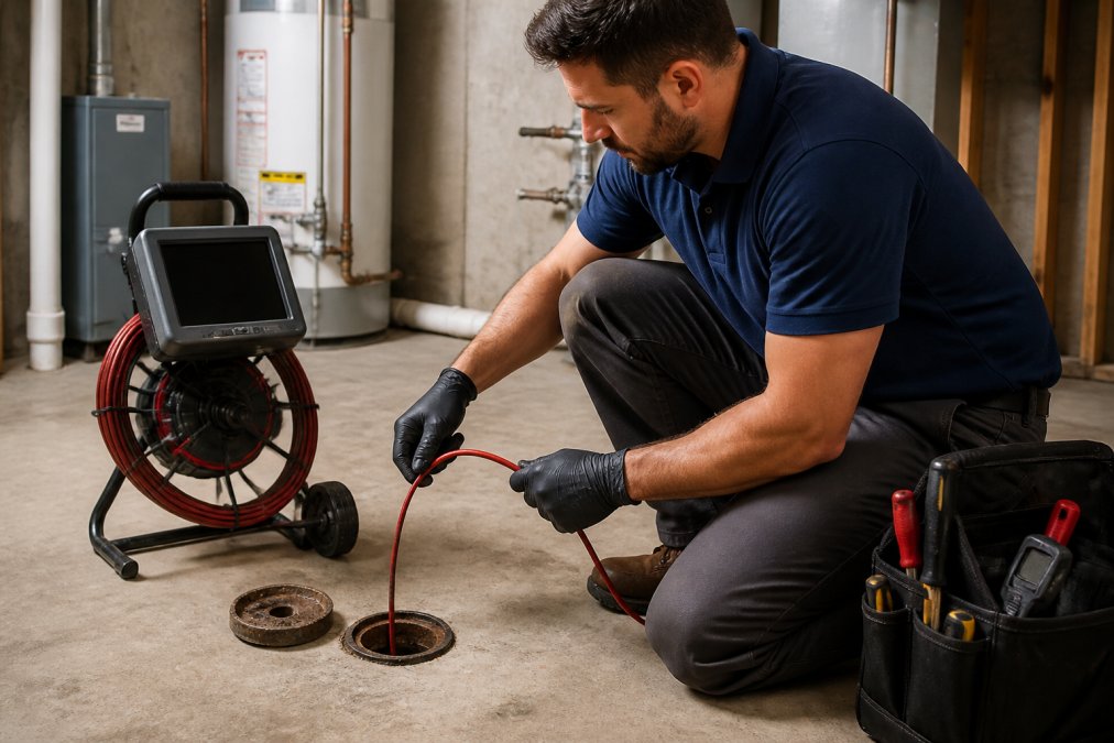 Licensed plumber inserting a flexible sewer camera probe into a drain cleanout access point in a residential basement, monitoring the interior pipe condition on a portable screen