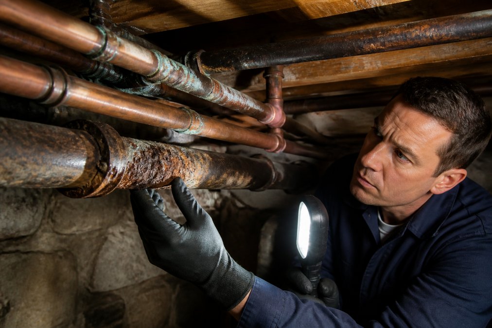 Professional plumber examining corroded copper and cast iron pipes with visible rust buildup and mineral deposits under a work light in a residential basement