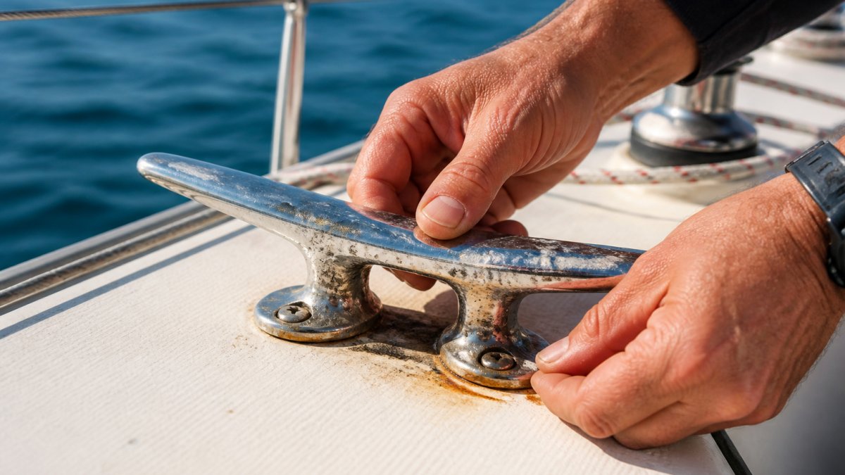 Hands inspecting a stainless steel deck cleat with salt residue and rust stains on a sailboat deck