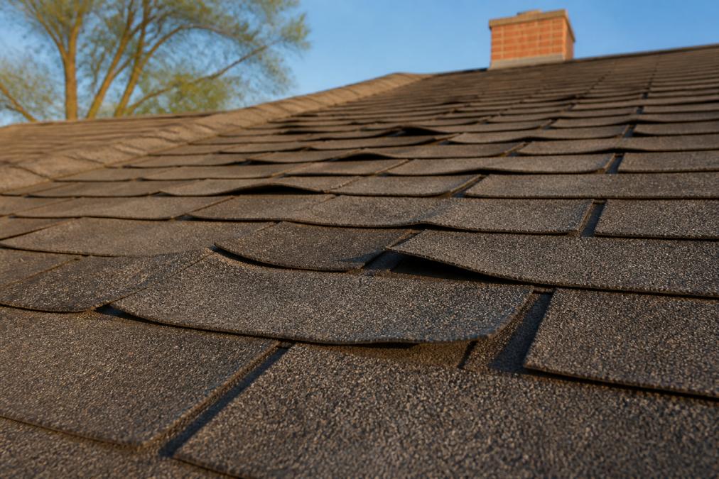 Close-up photograph of an asphalt shingle roof where several shingles have visibly lifted and curled edges, casting small shadows in late afternoon sunlight