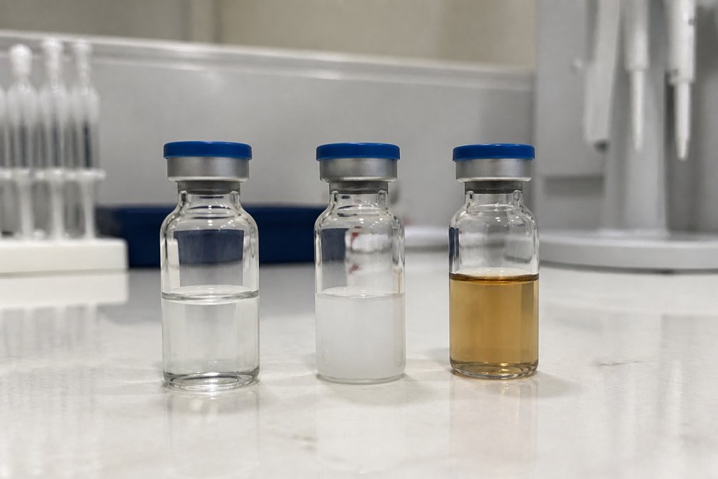 Close-up of three laboratory vials on a white bench showing a clear peptide solution in one vial, a cloudy suspension in another, and a discolored amber-tinted solution in the third, with overhead laboratory lighting