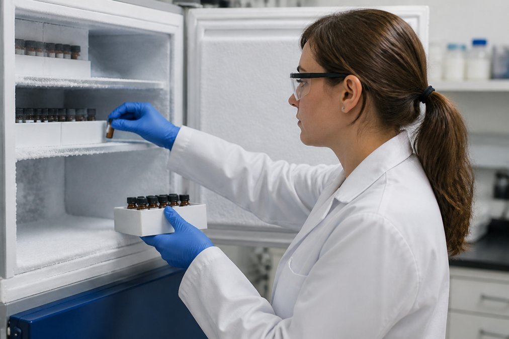 Research scientist in a white coat carefully placing amber glass vials into a -20°C freezer unit in a controlled laboratory environment, with frost visible on the freezer shelves and organized rows of other peptide samples