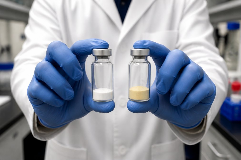 A researcher in a lab coat and nitrile gloves holding two glass vials side by side, one containing uniform white lyophilized powder and the other showing yellow discoloration, under bright laboratory lighting