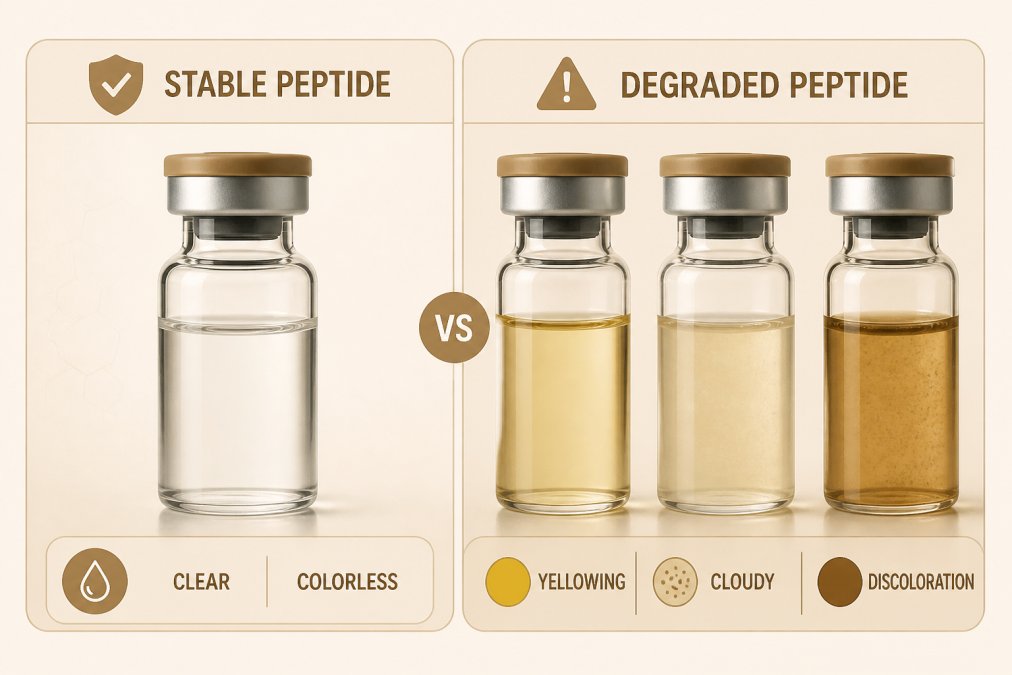 Close-up of three research vials lined up on white surface, first vial contains clear colorless liquid, second shows pale yellow tint, third displays deep amber discoloration, natural window lighting
