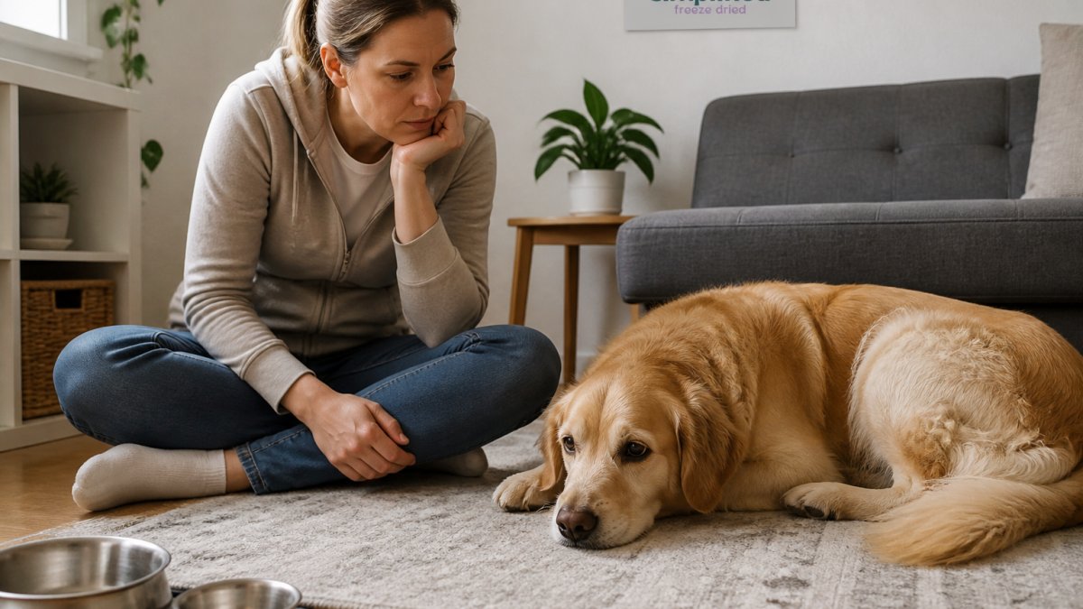 Infographic illustrating signs of digestive distress in a dog showing withdrawn behavior and physical discomfort.