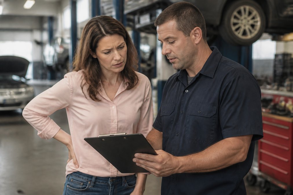 Professional illustration showing customer and auto and repair concepts for dishonest auto repair shops