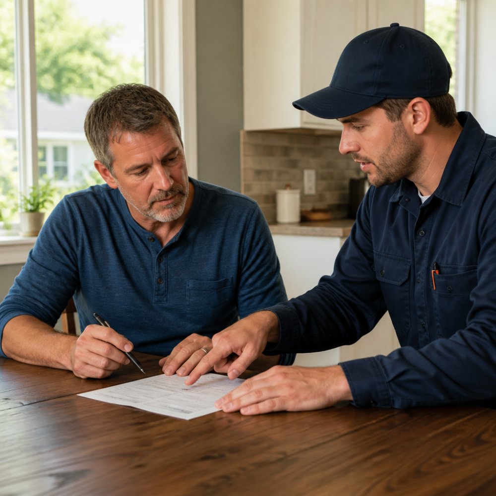 A homeowner sitting at a kitchen table reviewing a printed HVAC estimate with a pen in hand, asking questions of a uniformed technician who is pointing at the document, natural daylight through a window