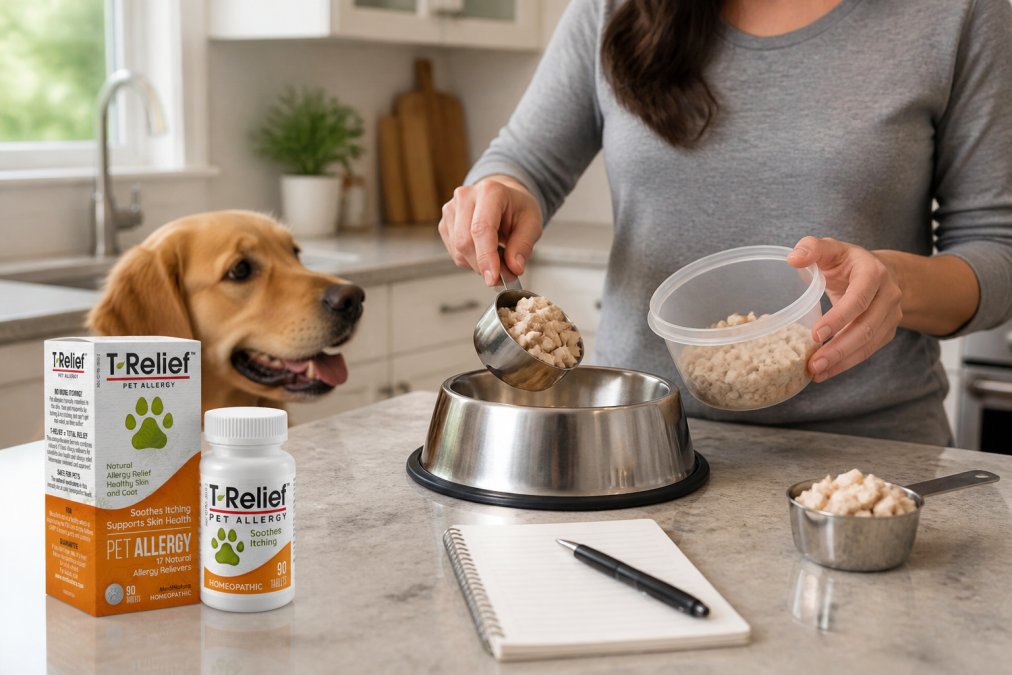 A dog owner in a bright kitchen carefully portioning plain, single-ingredient cooked food into a stainless steel bowl, with a small notebook and pen on the counter beside them for symptom tracking