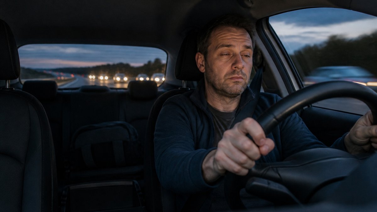 Signs of Driver Fatigue on Long Journeys Tired driver gripping steering wheel on a motorway at dusk with heavy eyelids and tense facial expression showing visible signs of fatigue