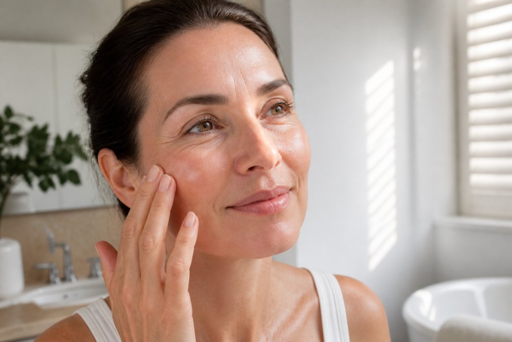 Woman with glowing, healthy skin touching her cheek, reflecting effective anti-aging skincare results.