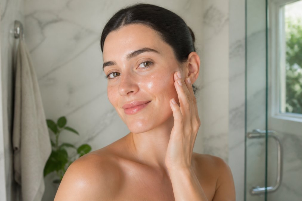 Close-up of a woman's face with a radiant, hydrated complexion, gently touching her cheek, soft natural lighting, minimalist bathroom setting