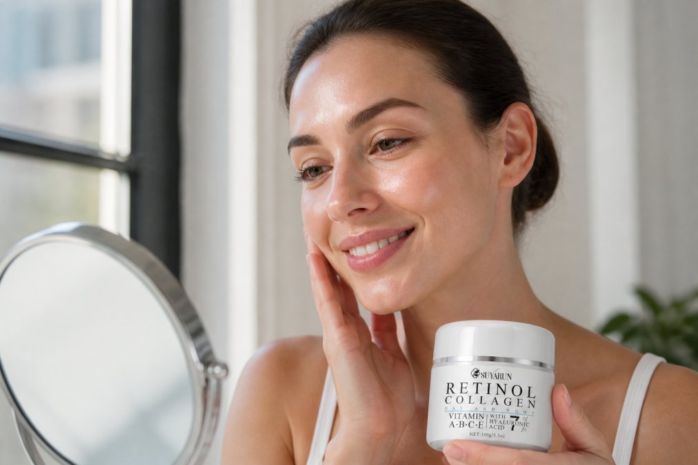 Close-up of a woman's face in natural window lighting, examining her complexion in a mirror, showing clear, smooth skin with even tone and visible radiance, holding a skincare product bottle