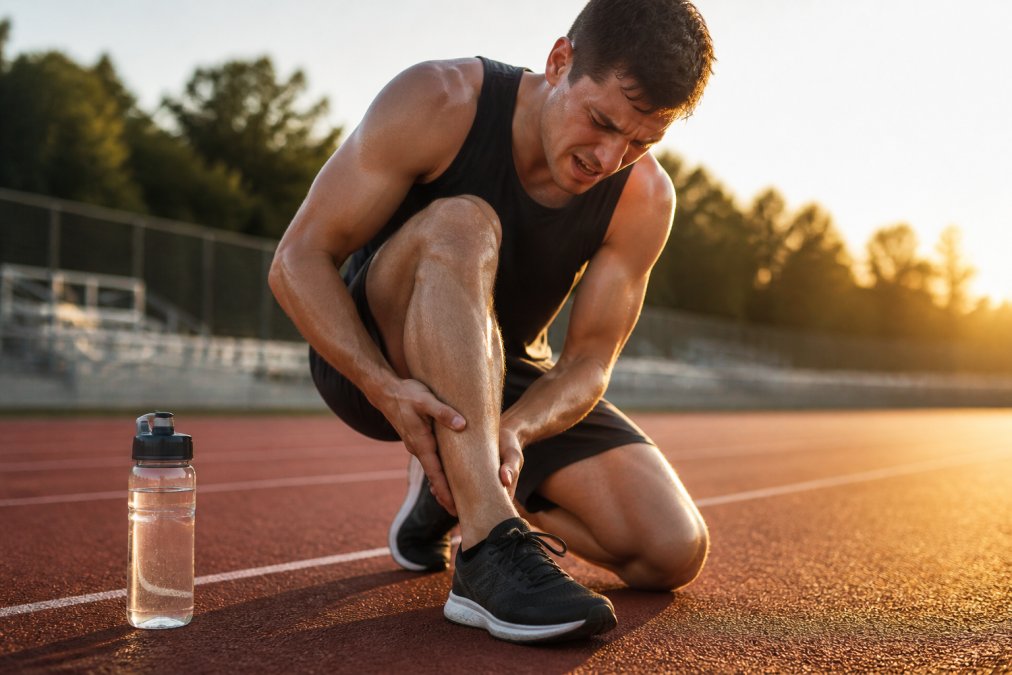 Runner clutching a painful calf muscle on a track, a sign of electrolyte deficiency during intense exercise.