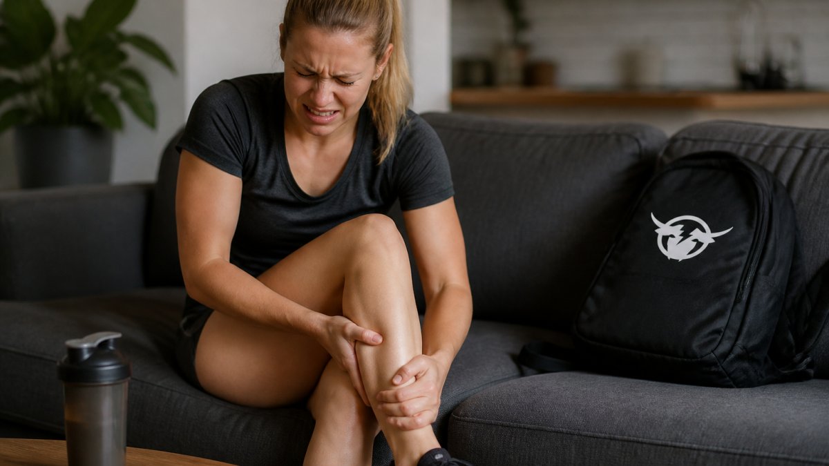 Person holding their leg in pain while sitting on a couch, showing muscle cramps or visible discomfort from electrolyte imbalance
