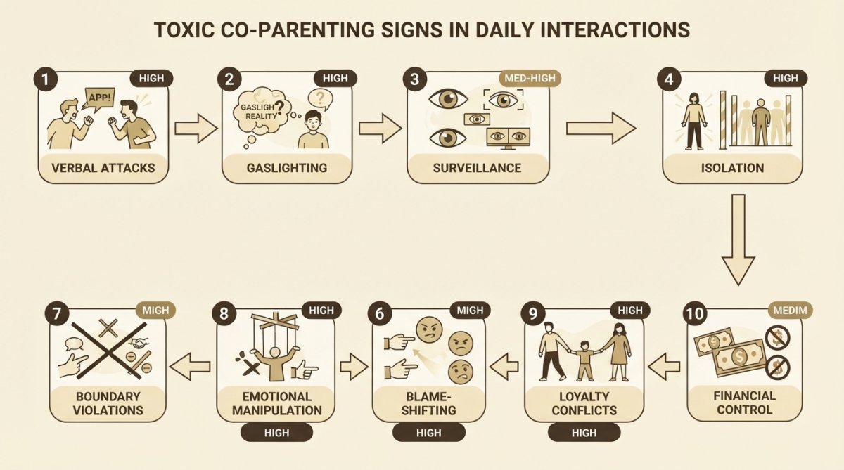 Flowchart showing 10 toxic co-parenting behaviors with severity indicators: verbal attacks (high), gaslighting (high), surveillance (medium-high), isolation (high), contempt (medium), blame-shifting (medium), boundary violations (medium-high), emotional manipulation (high), loyalty conflicts (high), financial control (medium)