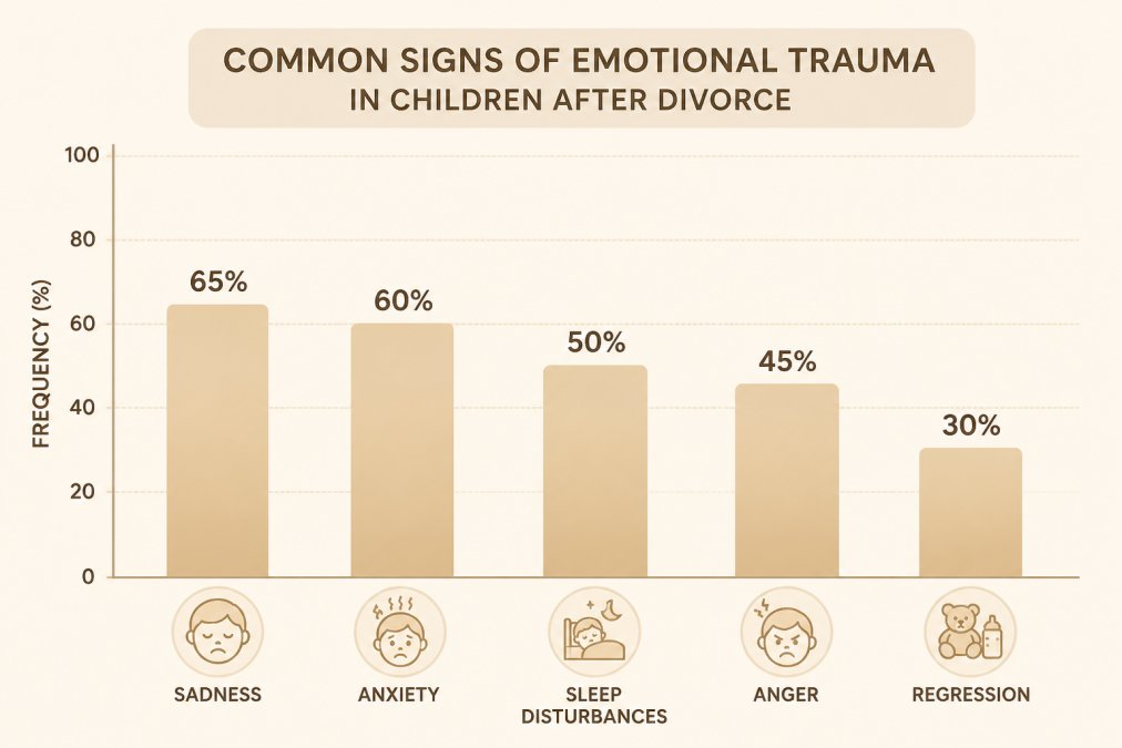 Signs of Emotional Trauma in Children After Divorce 1 Bar chart comparing the frequency of common emotional and physical symptoms in children after divorce: sadness 65%, anxiety 60%, sleep disturbances 50%, anger 45%, regression 30%