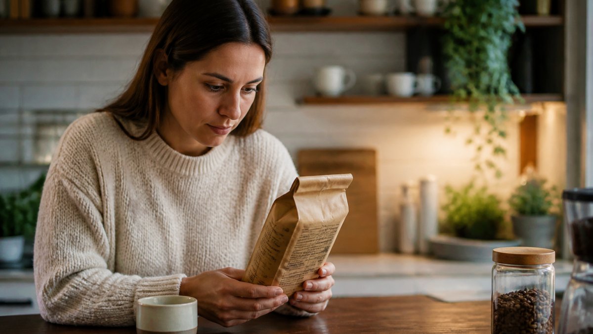 A person holding a coffee bag and reading the label closely at a kitchen counter with a cup of coffee nearby