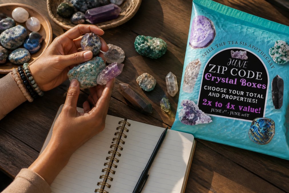 Close-up of hands holding various raw crystals and stones, examining them in natural light, with a notebook and pen nearby for taking notes