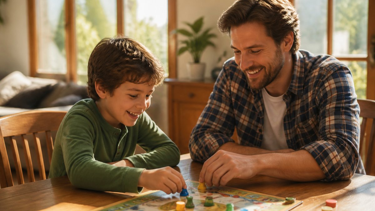 Parent and child playing board games together at a wooden table with natural sunlight streaming through windows, both smiling and engaged