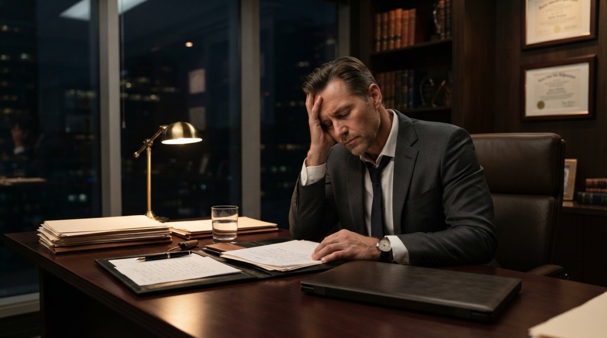 Professional-looking executive at their desk late at night, appearing visibly tired despite polished appearance, with dimmed office lighting and computer screens visible