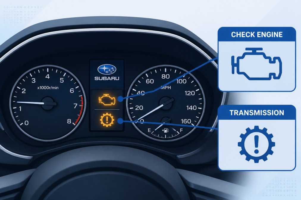 Close-up of a Subaru dashboard showing the check engine light illuminated alongside transmission warning indicators on the instrument cluster