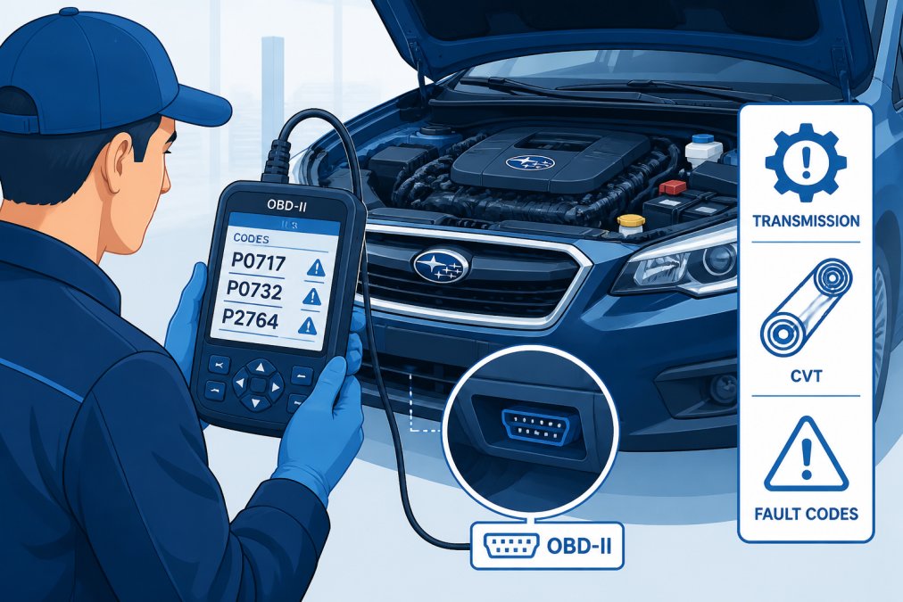 Professional technician using an OBD-II scanner connected to a Subaru's diagnostic port, with the scanner display showing transmission fault codes and the engine bay visible in the background