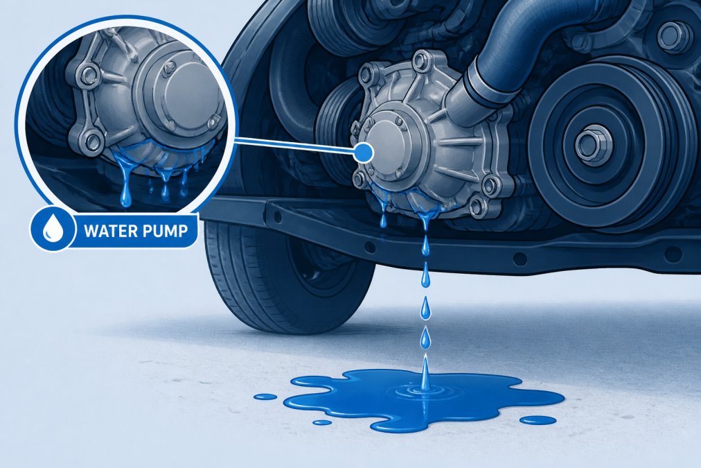 Close-up of engine bay showing coolant dripping from water pump area with visible puddle forming on concrete floor beneath vehicle