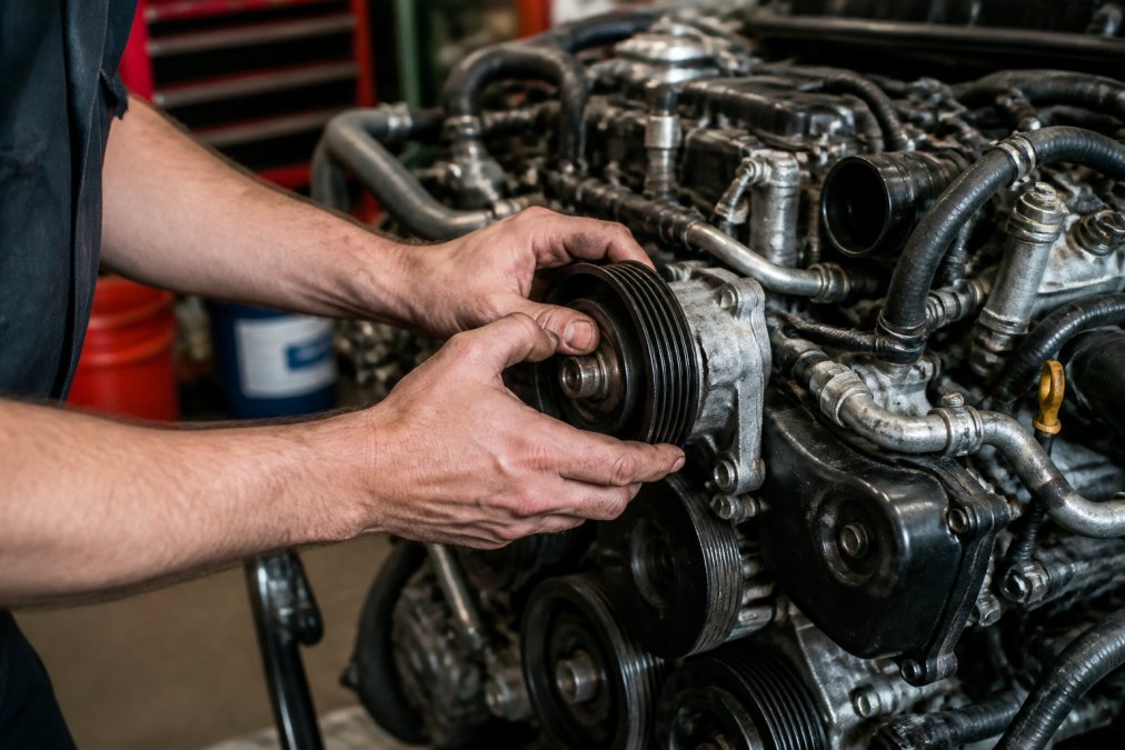 Technician's hands demonstrating water pump bearing inspection, checking pulley for axial and radial play movement on exposed Toyota engine
