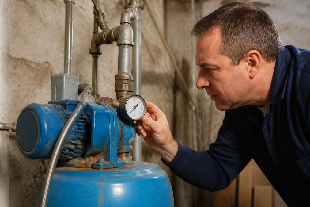 Close-up of a homeowner's hand checking a pressure gauge on a well pump system mounted in a basement, showing visible concern on their face as they read the gauge