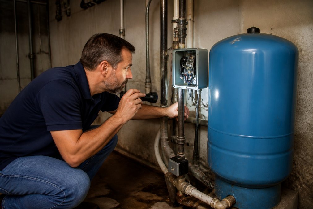 A homeowner inspecting the pressure tank and electrical connections of a well pump system in a basement, using a flashlight to examine the components closely