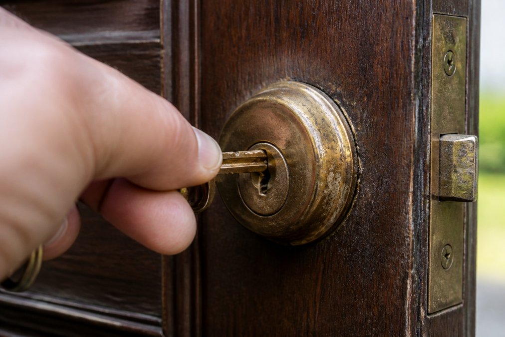 Close-up of a hand inserting a key into a weathered brass door lock cylinder with visible corrosion and wear marks around the keyway