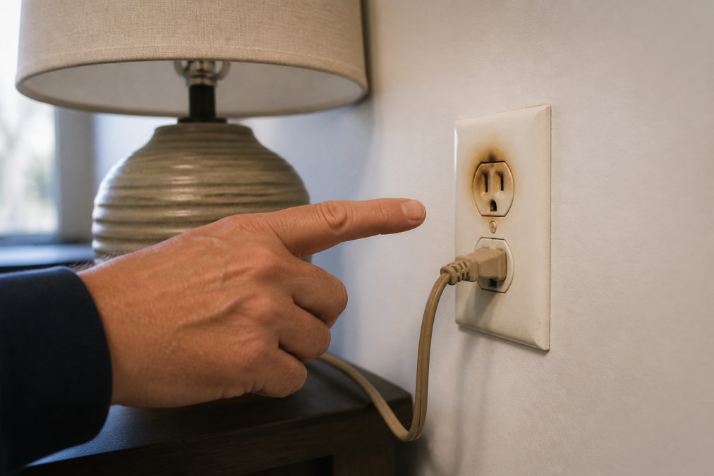 Scorched electrical outlet showing signs of overheating and faulty wiring.