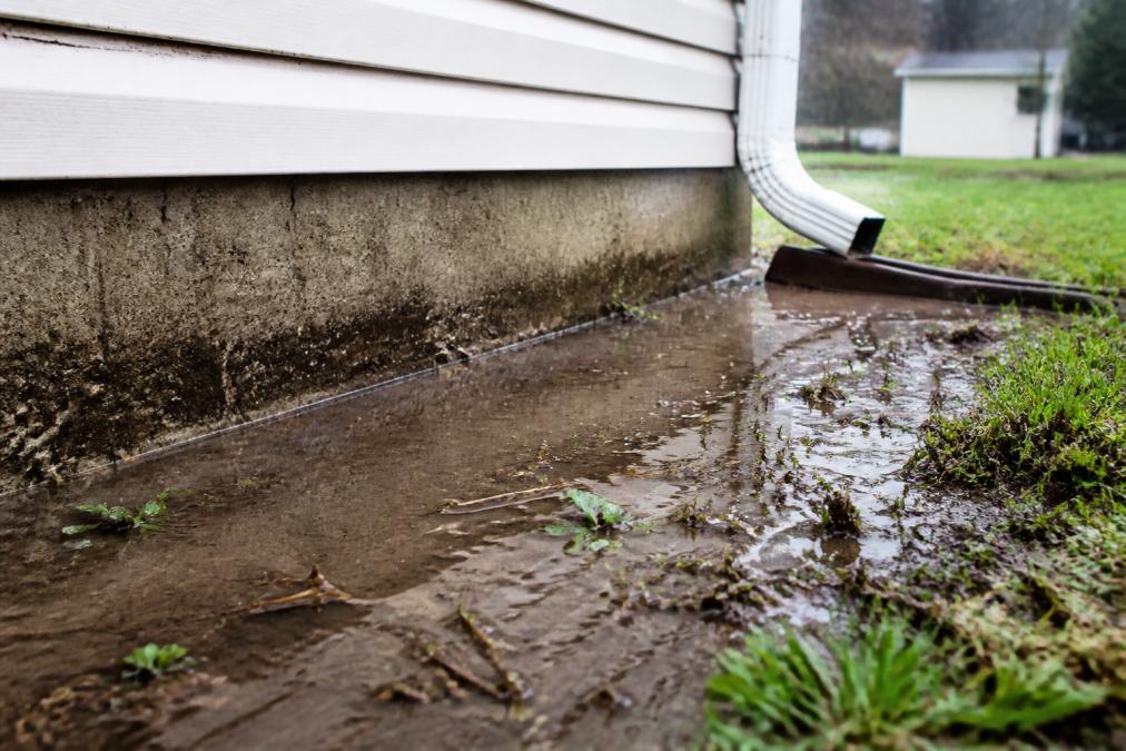 Ground-level view of water pooling against foundation perimeter on a rainy day, showing muddy water accumulation and poor drainage around home base with gutter downspout visible nearby