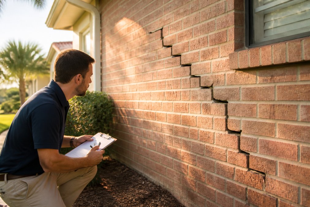 Homeowner inspecting a jagged stair-step brick crack indicating foundation settlement in the afternoon sun.