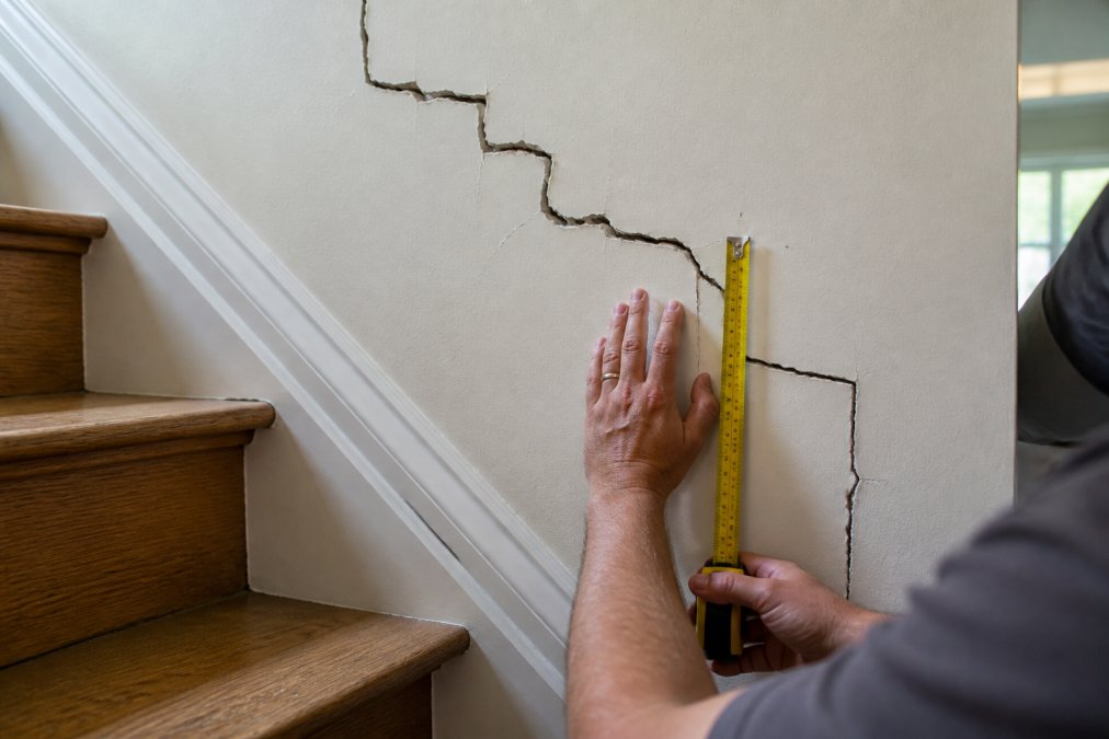 A homeowner's hand tracing a stair-step crack in interior drywall while holding a tape measure against it for scale