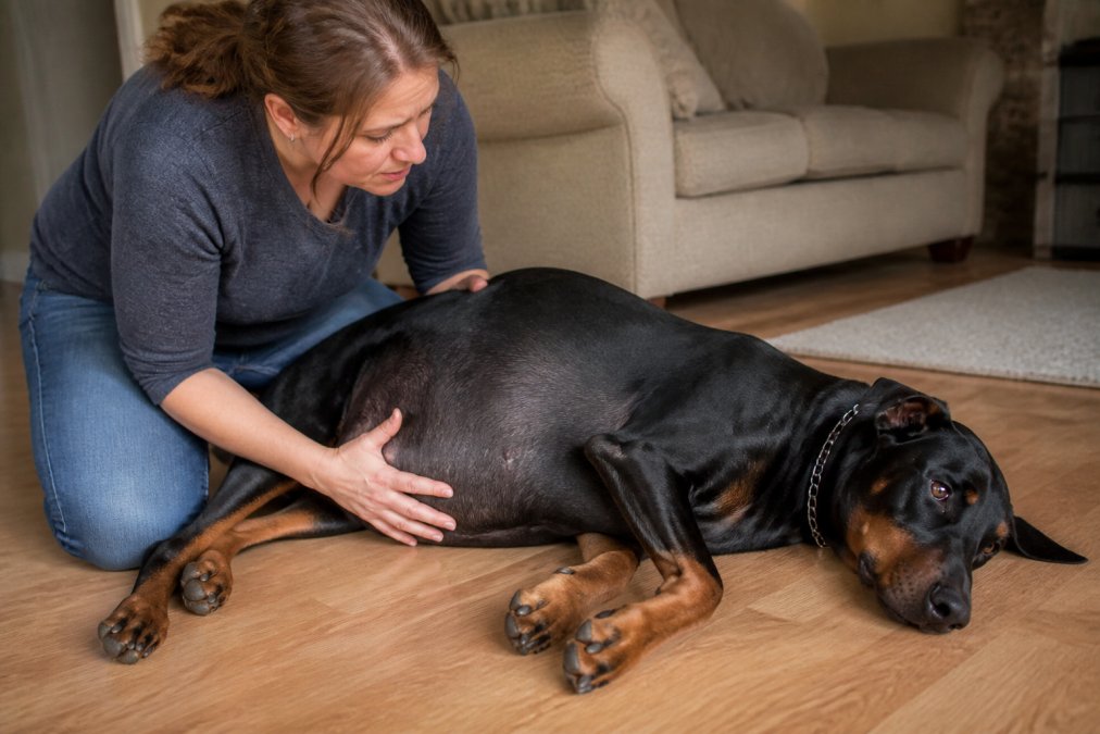 A worried dog owner kneeling beside a large, deep-chested dog lying on a living room floor, gently touching the dog's visibly swollen abdomen while the dog looks uncomfortable and restless