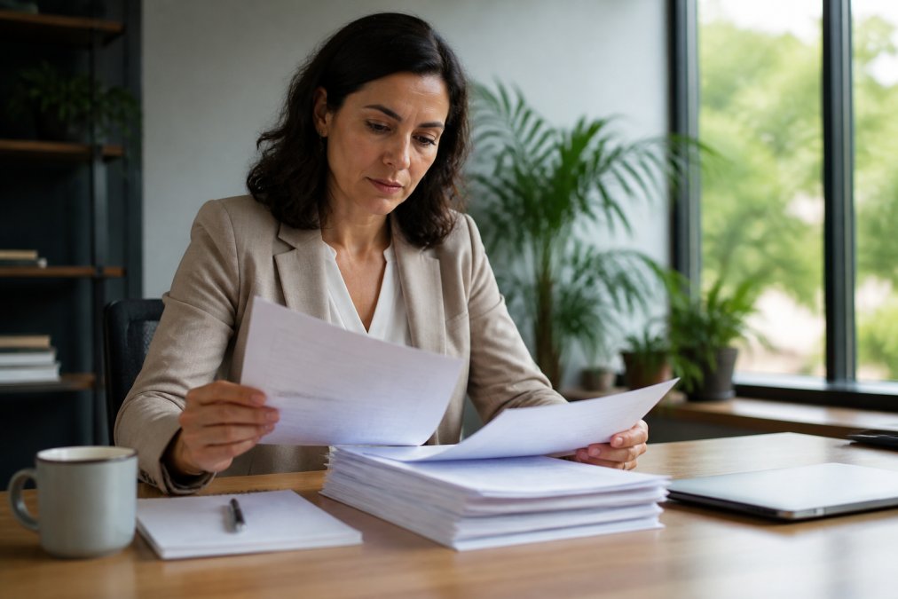 Hiring manager reviewing a stack of resumes at a bright office desk with a laptop and coffee mug